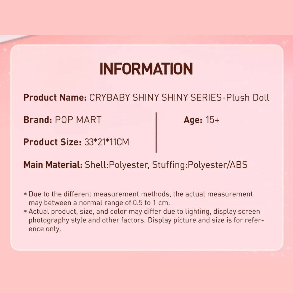 POP MART CRYBABY SHINY SHINY SERIES-Plush Doll (Pink/Black) - CC72Toy